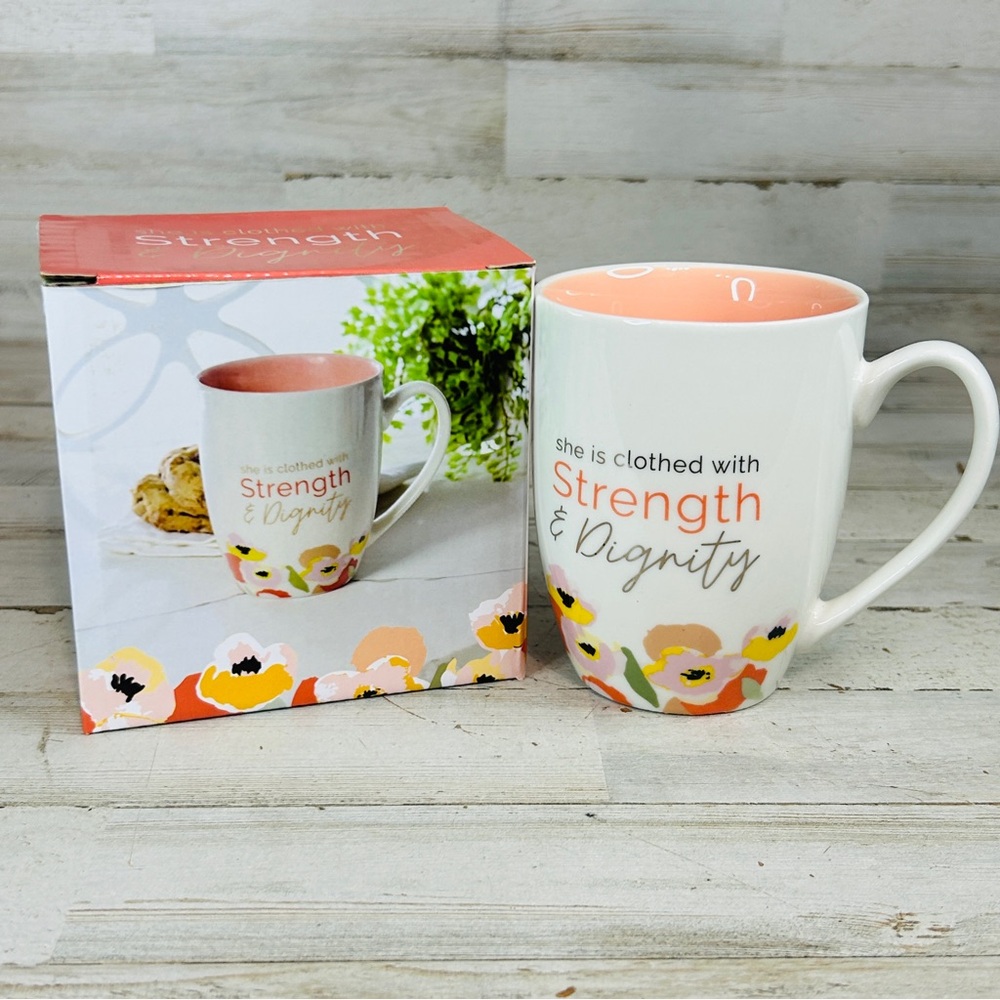 Ceramic Coffee Tea Cup Mug Strength & Dignity Proverbs 31:25 Bible Floral Peach